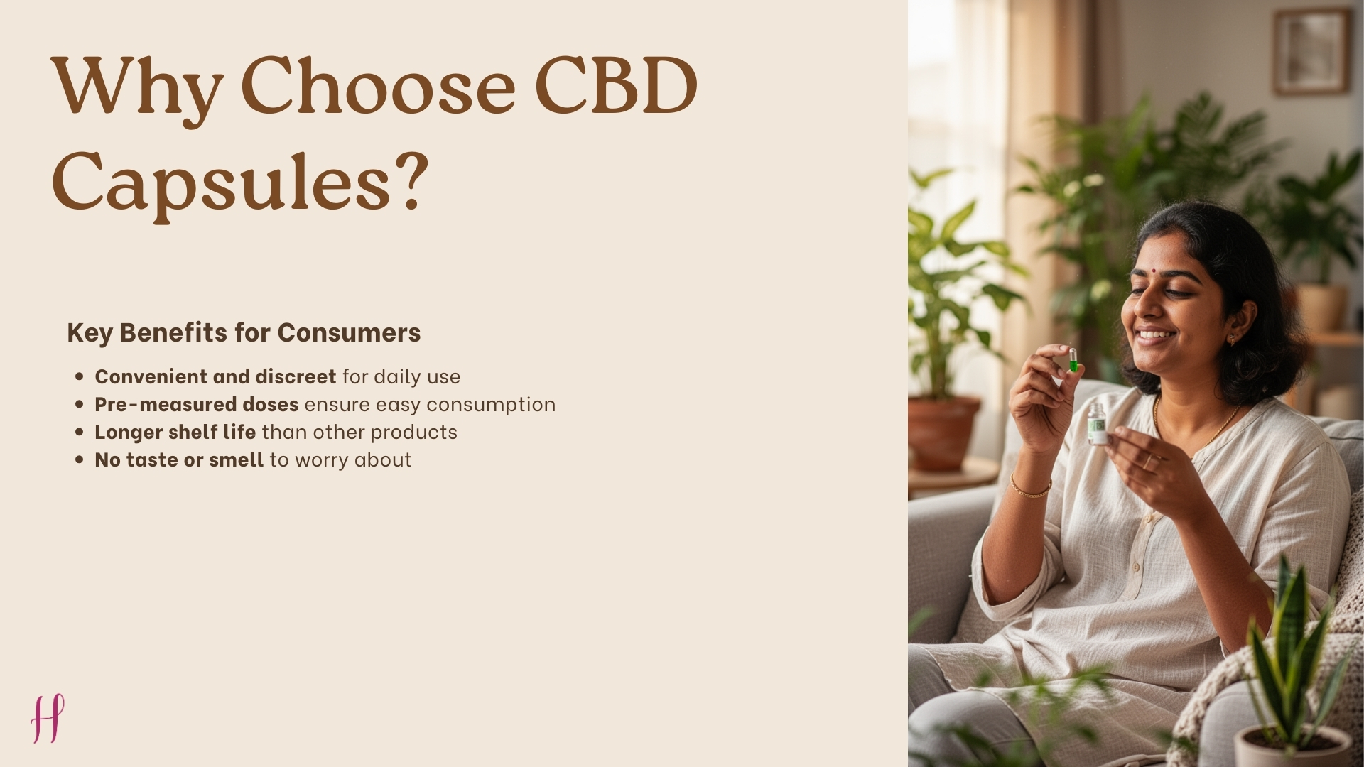 Woman holding CBD oil bottle and capsule at home, highlighting benefits of CBD capsules.